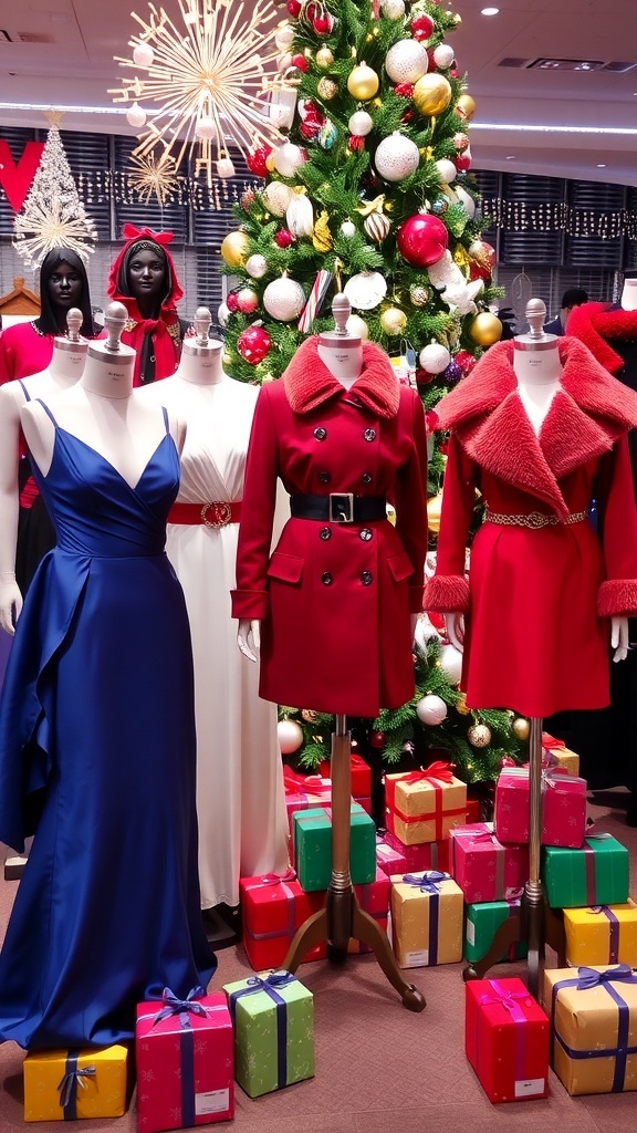 Christmas Outfit Ideas for Royale High Stylish Christmas outfits for Royale High displayed with a Christmas tree and presents.